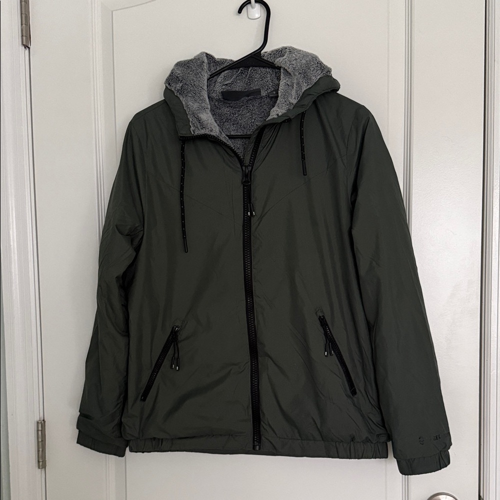 Free Country Olive Green Hooded Fleece Faux Fur Jacket Sz S - Picture 2 of 11